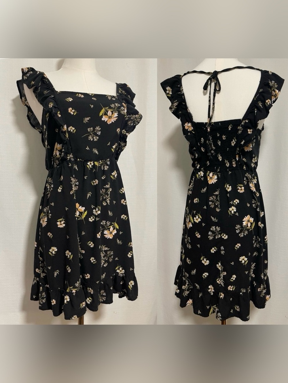 Floral Apron Front Mini Dress Ruffle Straps Smocked Back Yellow White Black XS